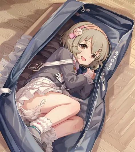 (Koga Koharu), in bag; bag, in container, close mouth, short hair, 1girl, solo, brown hair, smile, brown eyes, lying, on side, fetal position,
1girl,from above, hair ornament, shirt,  skirt, smile, solo, zip
<lyco:in_container:0.8> <lyco:u149-v3.1:1>