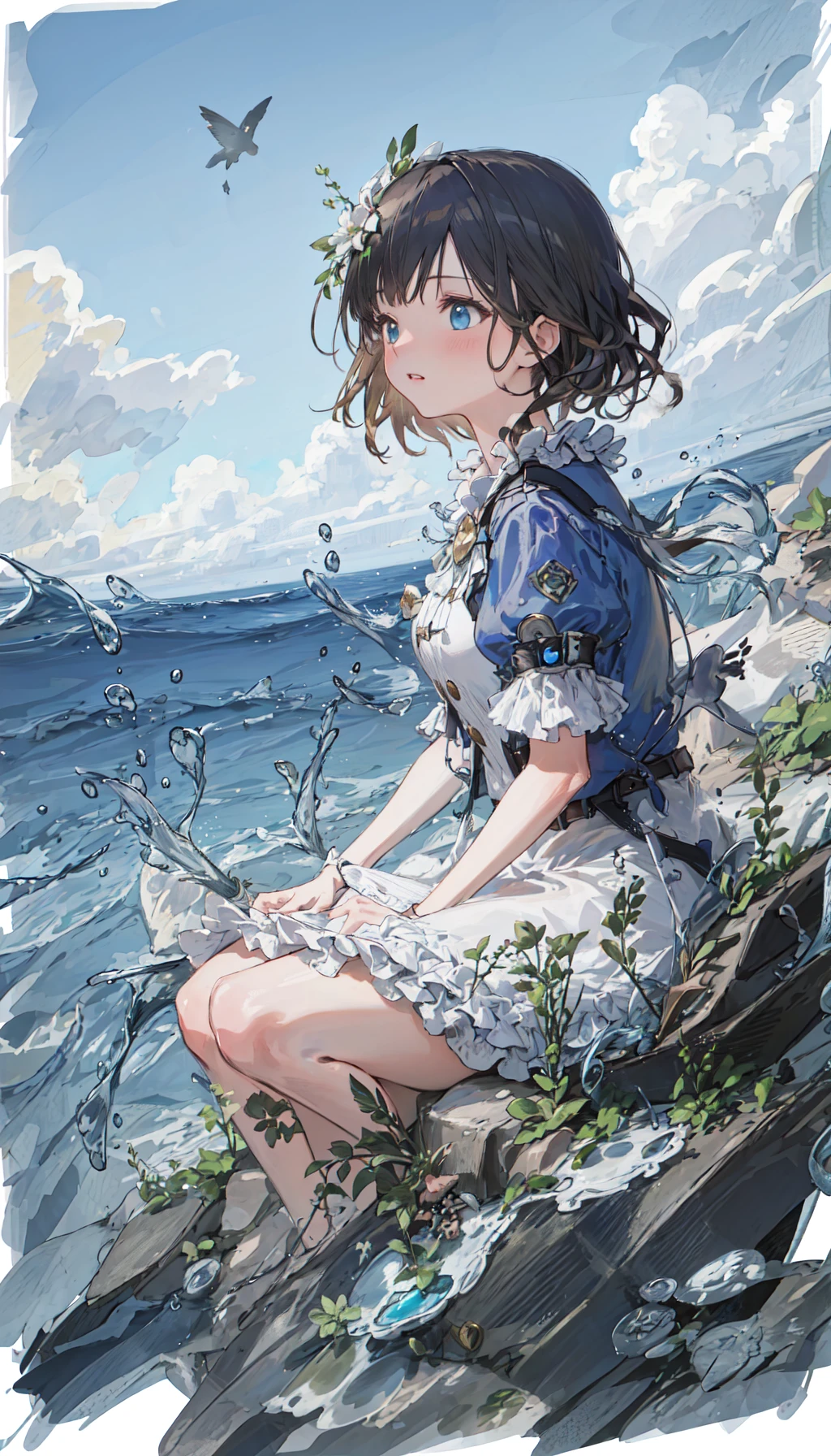 masterpiece, best quality, 1girl, upper body, sitting, swept bangs, short hair,  , black hair, dress, frills, outdoors, horizon, sky, ocean, water, water world, waves, ripples,  , 