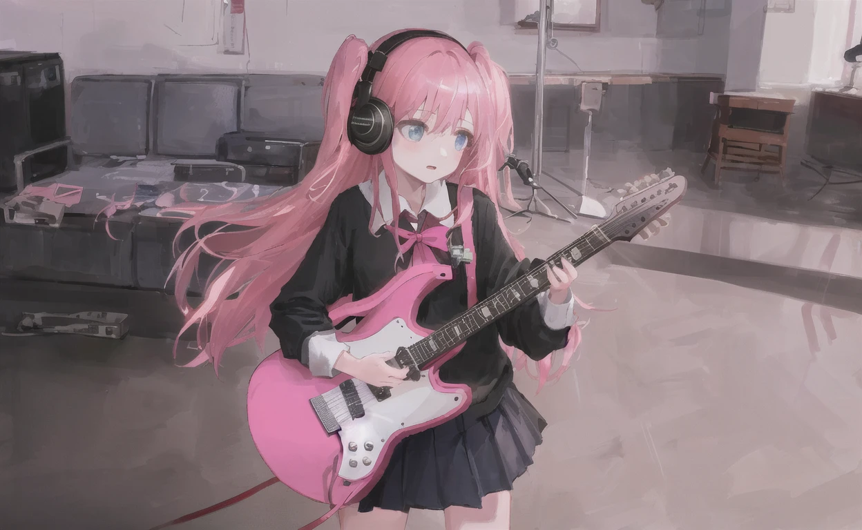 ((傑作,最好的品質))1個女孩, 獨自的, 黑色裙子, 藍眼睛, electric 吉他, 吉他, 耳機, 保持, 保持 plectrum, 樂器, 長髮, , 音乐, 一面朝上, 粉紅色的頭髮, 彈吉他, 百褶裙, 黑色襯衫, 在室內