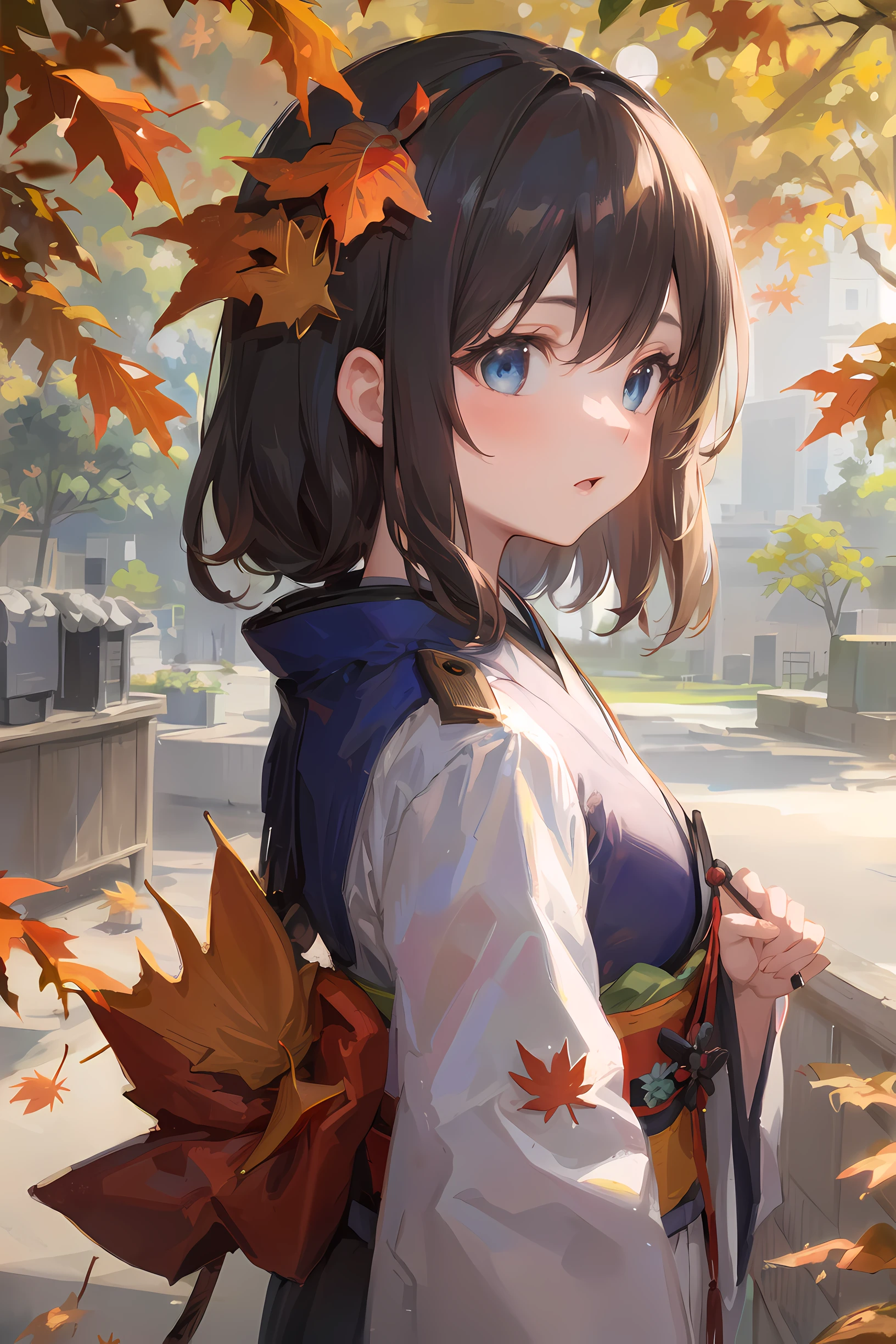 ((masterpiece,best quality)),1girl, bangs, blue eyes, blurry background, branch, brown hair, dappled sunlight, flower, from side, hair flower, hair ornament, japanese clothes, kimono, leaf, (maple leaf:1.9), obi, outdoors, sash, solo, sunlight, upper body