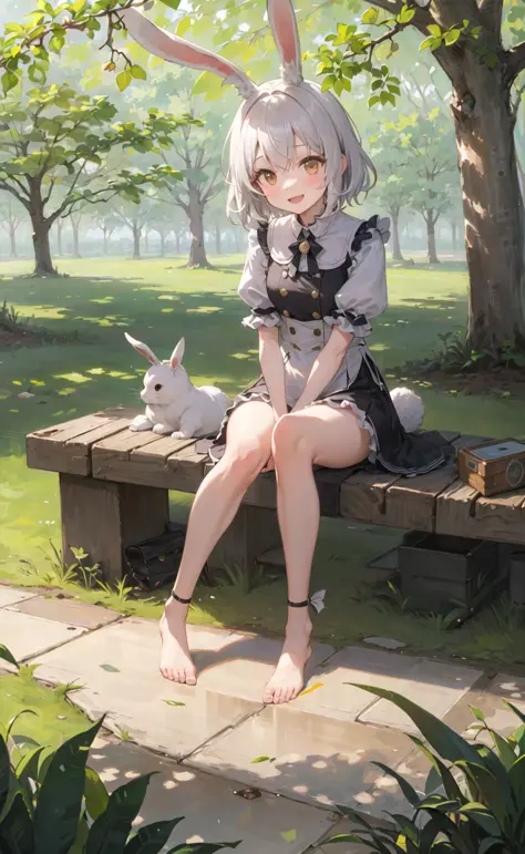 ((masterpiece,best quality)),1girl, solo, animal ears, rabbit, barefoot, knees up, dress, sitting, rabbit ears, short sleeves, looking at viewer, grass, short hair, smile, white hair, puffy sleeves, outdoors, puffy short sleeves, bangs, on ground, full bod...