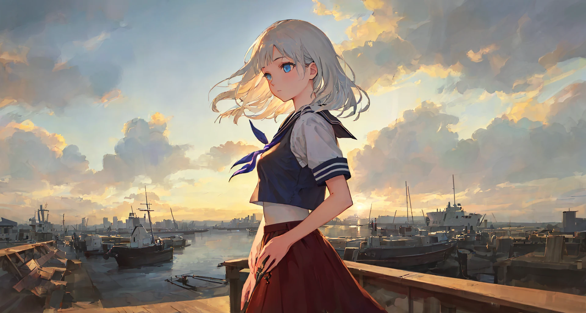 (masterpiece, best quality: 1.4), (1girl), long straight white hair, blue eyes, detailed face, sailor uniform, detailed clothing, combat pose, gust of wind, vivid colors, highest resolution, wallpaper, professional illustration, (realistic:1.2), intricate, highly detailed, landscape, dramatic lighting, cityscape view from harbor, daylight summertime