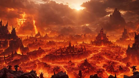 a large city surrounded by flames in a dark sky