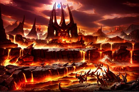 hell landscape with castle and demon horde (((masterpiece))), ((best quality)), realistic, 8k, ultra-detailed, realistic, scener...