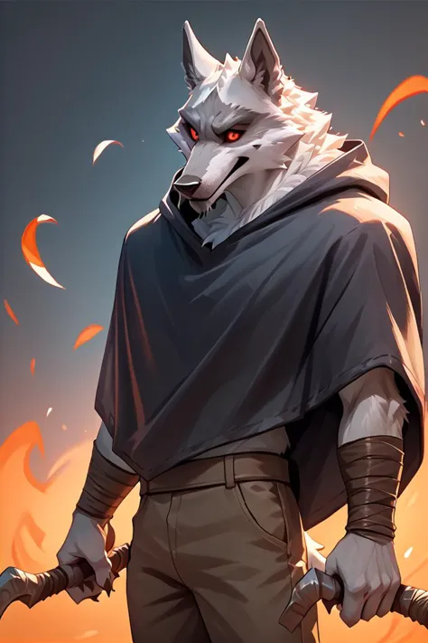 a close up of a person with a wolf mask holding two swords