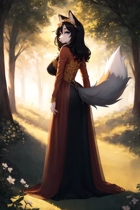 a woman in a long dress standing in a forest with a fox