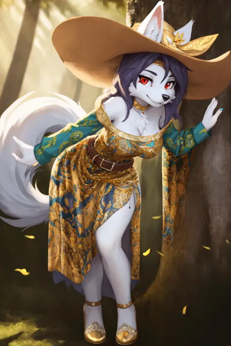 sierra, (detailed body fur:1.2), medium breast, (detailed hair, curvy hair), (perfect red eyes), (long fluffy wolf tail), grin
flower on head, jewelry,
(from behind:1.3), seductive pose,
gl1tt3rg0wn, (long see-through sleeves:1.2), see-through, glitter dress, full body, ([red|gold] printed dress:1.3), leather belt, silver belt buckle, witch hat,
under a tree, temperate forest,
(masterpiece:1.2), (highly detailed:1.2), (intricate:1.2), (best quality:1.2),(8k:1.2), (elegant:1.2), (sharp:1.2), (majestic:1.2),
cinematic light, vivid colors
<lora:sierra-v1:1> <lora:gl1tt3rg0wn:1>