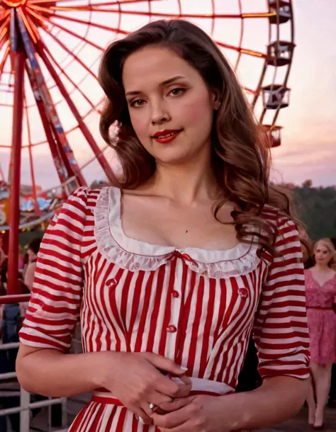 Edna Smith, a solitary yet enigmatic woman, stood proudly with her realistic lips softly pursed, showing off her stunning vintage-style dress in vibrant red and white stripes, the long brown hair flowing gracefully around her face, brown eyes gazing deeply into the viewer's soul while her lips curled into a subtle smile, emphasizing their fullness, as she held a vintage cane with streamers, making her presence feel like that of a realistic painting come to life atop the worn Ferris wheel on a magical sunset carnival evening. <lora:lopvyp18f540f027fsca4:1>