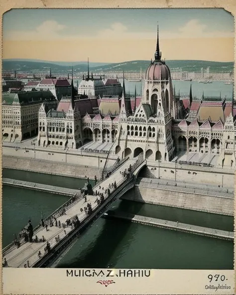 <lora:wish_you_were_here:0.8> WYWH, postcard, vintage, photograph, hungary, budapest