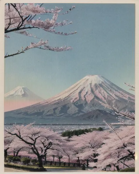 <lora:wish_you_were_here:0.8> WYWH, postcard, vintage, photograph, japan, pink cherry blossom trees and mount fuji
