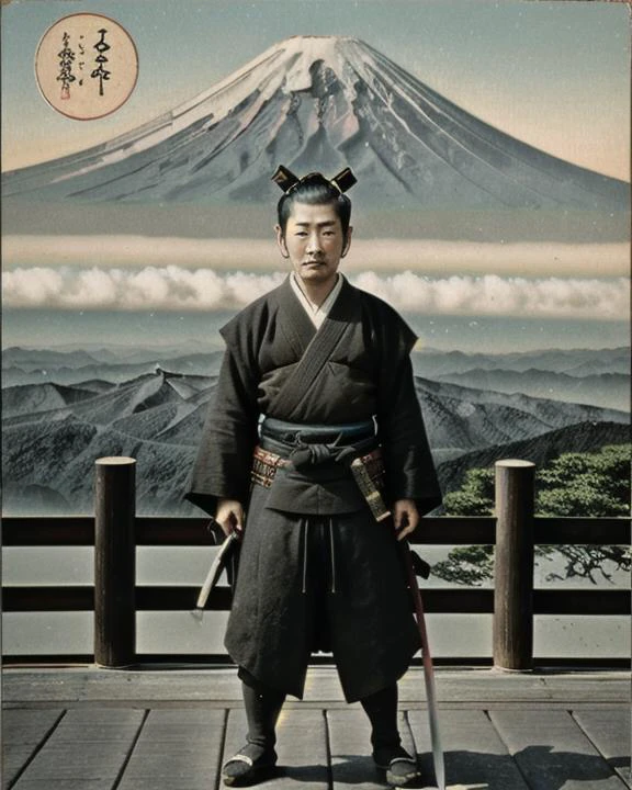 UAU, cartão postal, vintage, Fotografia, Japão, um samurai segurando uma katana, Monte Fuji no fundo