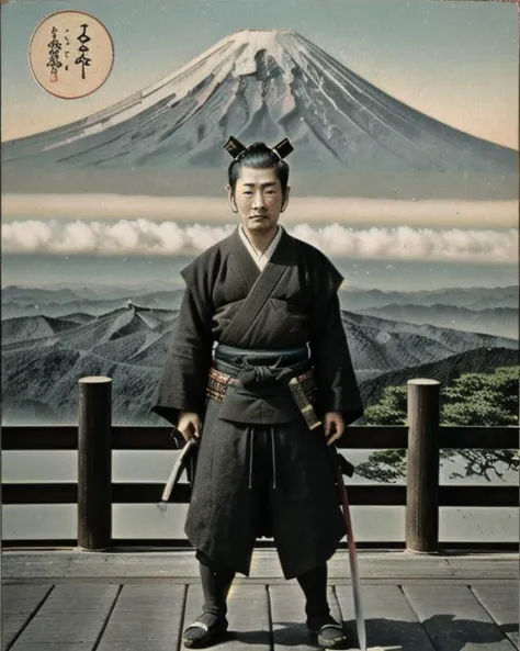 <lora:wish_you_were_here:0.8> WYWH, postcard, vintage, photograph, japan, a samurai holding a katana, mount fuji in background