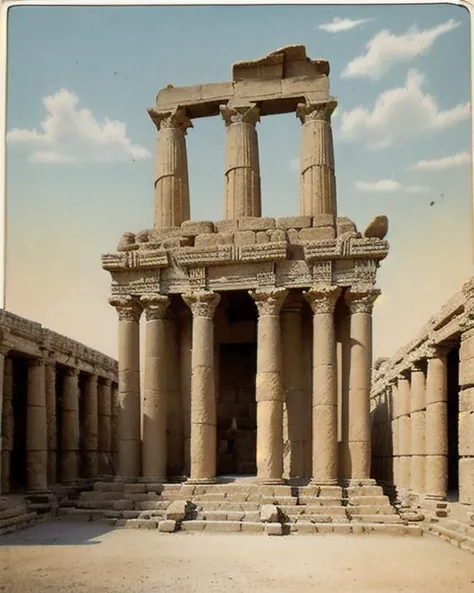 <lora:wish_you_were_here:0.8> WYWH, postcard, vintage, photograph, an ancient sumerian temple