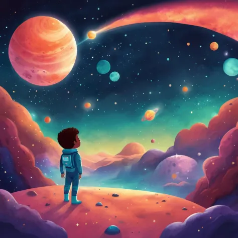 Space Children's Book Illustration, Galactic Color Palette, Friendly Alien, Meteor Shower, Outer Space Landscape, Cosmic Night, Wonder-filled Mood,
,Kids Book, KidsRedmAF,
 <lora:StorybookRedmondV2-KidsBook-KidsRedmAF:1>