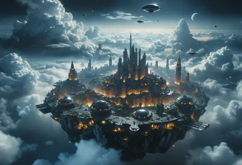 Ultra-large huge flat cities floating in the high sky behind on the clouds, precision mechanical device, air vehicle, environmental concept art, mystery, cg scene design, large scene, epic feeling, strong contrast between light and dark, dreamy night theme style, Realistic style, architectural photography, ultra-high details, 
 <lora:xl_floating:0.6> floating island, surreal <lora:add-detail-xl:0.5>