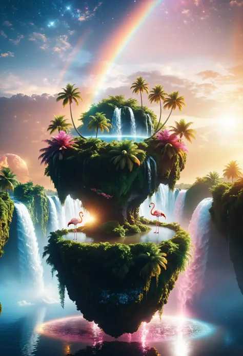 cinematic photo surreal, a floating island with starry rainbow sunset, palm trees, waterfall, flamingo, plants, glossy, glitter,...