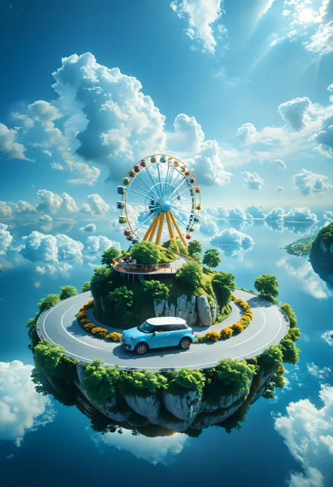 cinematic photo surreal, (floating island:1.2),blue sky  and cloud, The island suspended in the sky. Children's amusement park, ...