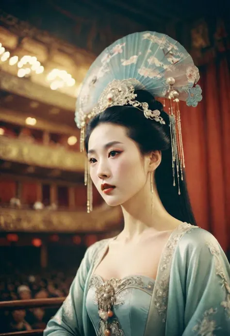 Vintage Photo, A gorgeous Chinese woman at the opera, dreamlike imagery, 8k. 35mm photograph, masterpiece