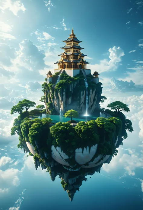 cinematic photo surreal, a floating island with Ancient palace, oriental aesthetic, The island suspended in the sky. Inside ther...