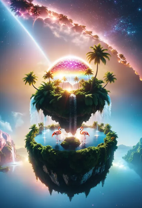 cinematic photo surreal, a floating island with starry rainbow sunset, palm trees, waterfall, flamingo, plants, glossy, glitter, photorealistic, The island suspended in the sky. It is a hyper-realistic science fiction style, ethereal illustration. conceptual digital art,<lora:xl_floating:0.9> . 35mm photograph, film, bokeh, professional, 4k, highly detailed