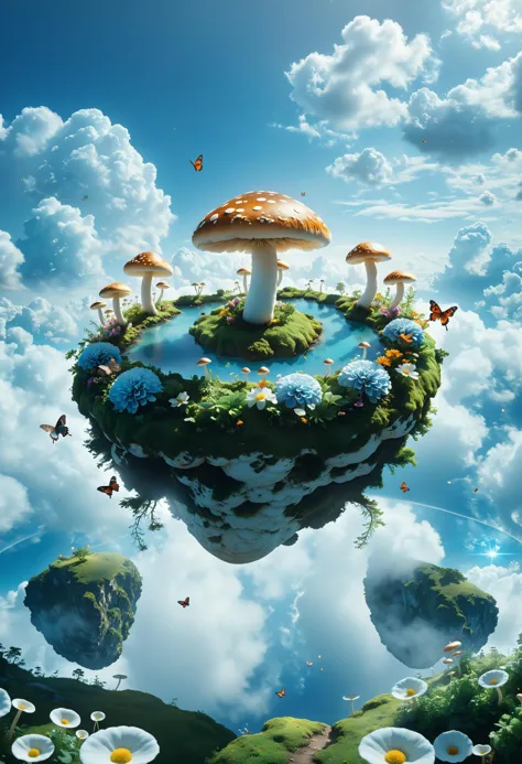 cinematic photo surreal, a floating island with Alice in wonderland, mushrooms, paths, butterflies, movie scenes, rabbits, flowe...
