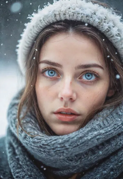 RAW Photo, A woman with stunning eyes is staring at the viewer, it's snowing, dreamlike imagery, dslr, 8k. 35mm photograph, mast...