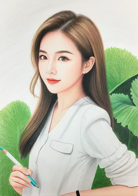 Real estate photography style 1girl,(FN colored pencils:1.2),Hand drawing,sketch,portrait,Soft neutral tones background,(Artist-...