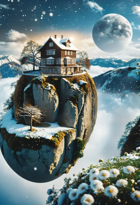 cinematic photo surreal, a floating island with rock cliff mountain, The island suspended in the sky. Inside there is an megalop...