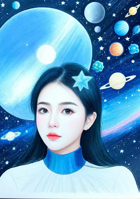 Space-themed 1girl,(FN colored pencils:1.2),Hand drawing,sketch,portrait,Soft neutral tones background,(Artist-grade pencil draw...