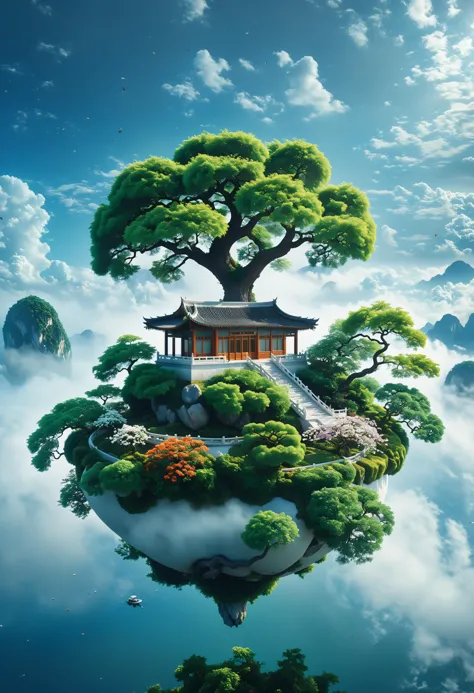cinematic photo surreal, a floating island with chinese garden, The island suspended in the sky. Inside there is an megalophobia...