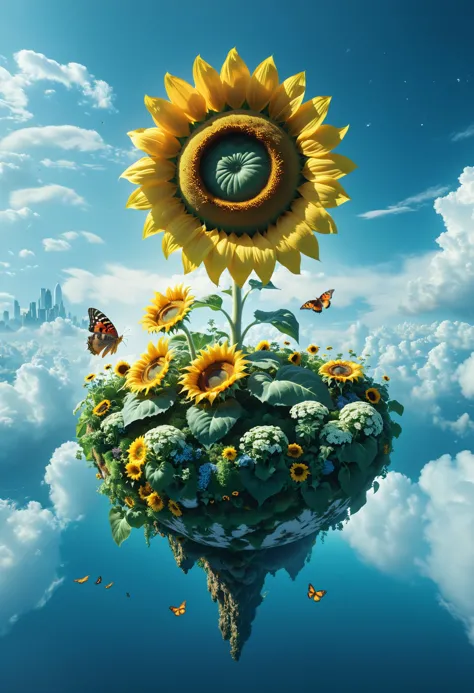 cinematic photo surreal, a floating island with Wonderland Garden, aesthetic, The island suspended in the sky. Inside there is a...