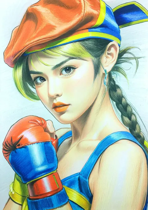 Street Fighter style 1girl,(FN colored pencils:1.2),Hand drawing,sketch,portrait,Soft neutral tones background,(Artist-grade pen...