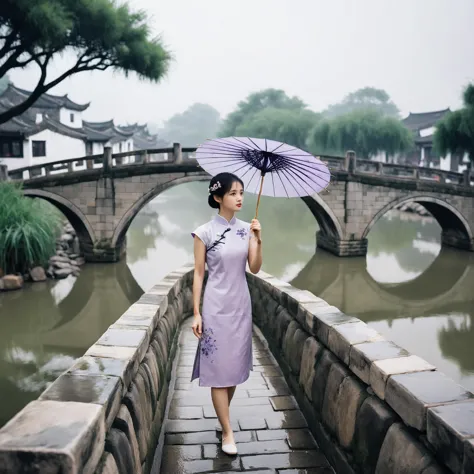 On the ancient stone bridge, a young woman wearing a lavender cheongsam held an oil-paper umbrella and stood on the ancient ston...