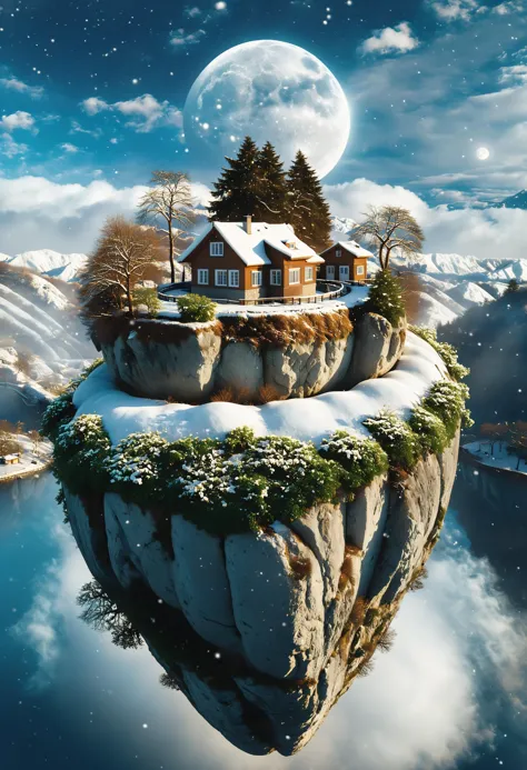 cinematic photo surreal, a floating island with rock cliff mountain, The island suspended in the sky. Inside there is an megalop...