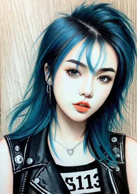 Grunge style 1girl,(FN colored pencils:1.2),Hand drawing,sketch,portrait,Soft neutral tones background,(Artist-grade pencil draw...