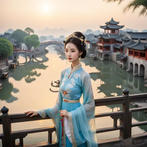A classical beauty in a Hanfu dress stands on a bridge in a Jiangnan water village. The setting sun's afterglow shines on her, m...