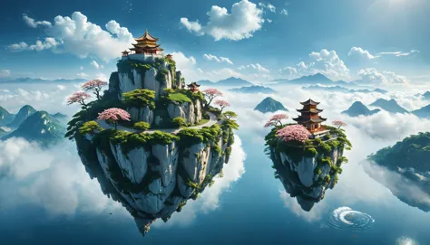 cinematic photo surreal (floating island:1.9) on the sky and mist surround behind on the clouds, Ultra-large huge flat mountain ...