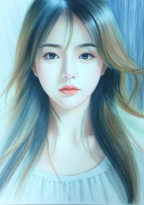 Long exposure photo of 1girl,(FN colored pencils:1.2),Hand drawing,sketch,portrait,Soft neutral tones background,(Artist-grade p...