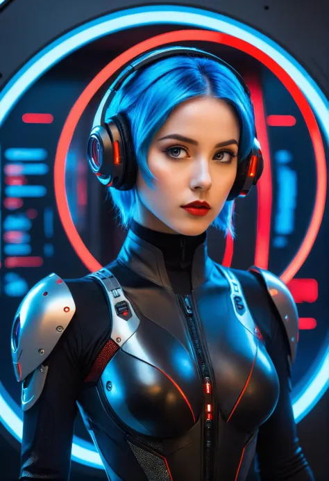 a female in a futuristic setting, featuring blue hair, large expressive eyes, and wearing a sleek black and silver bodysuit with...
