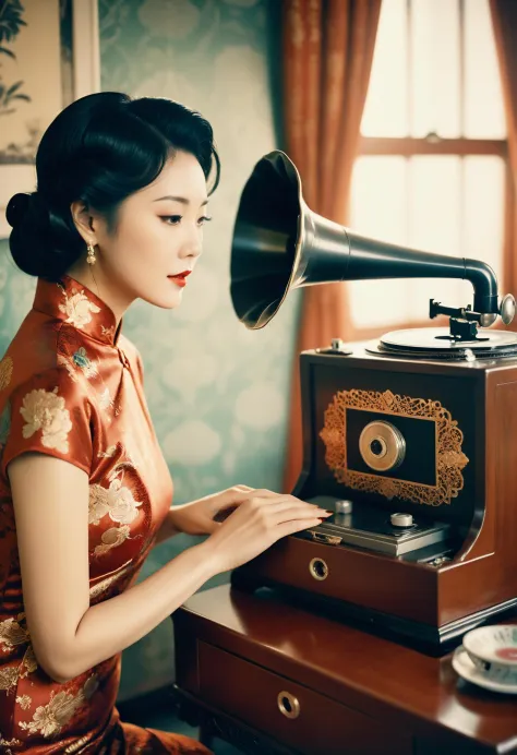 polaroid, film, graininess A Elegant and dignified woman in cheongsam interacting with a vintage-looking phonograph near a bed, ...