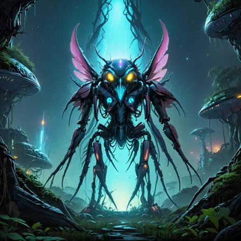 neotech towering insectoid monstrosity, Enchanted groves alive with sentient flora,, great lighting, bioluminiscent,, sharp focu...