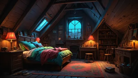 Snug attic with vintage furnishings,,, Spotlighting,, sharp focus, fiction, neon, fantasy, hyper detailed, digital art, trending in artstation, cinematic lighting 