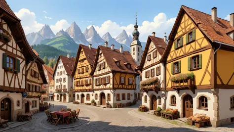 A Bavarian village with timber-framed houses, where the scent of freshly baked pretzels fills the air,  <lora:detailed_notrigger...