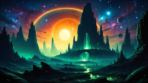 The ruins of an alien civilization, Massive rock arches framing distant starfields in the background, <lora:SDXLFaeTastic2400:0....