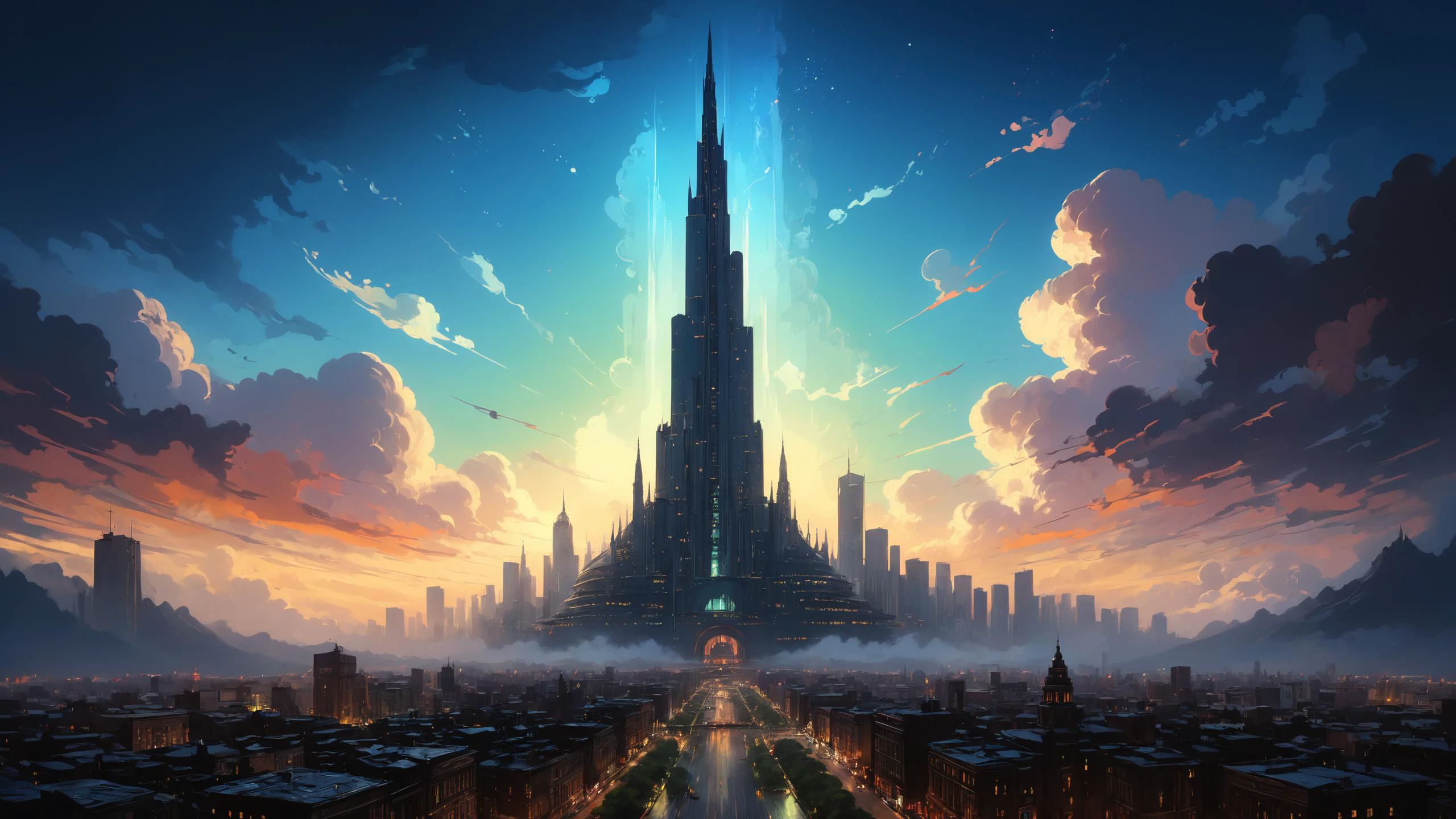 The city's skyline is dominated by the imposing silhouette of a mega-corporation headquarters, its towering spire disappearing into the clouds,  iridescence,  PENeonUV