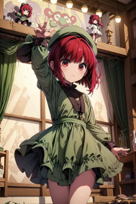 anime girl in green dress with red hair and green cape