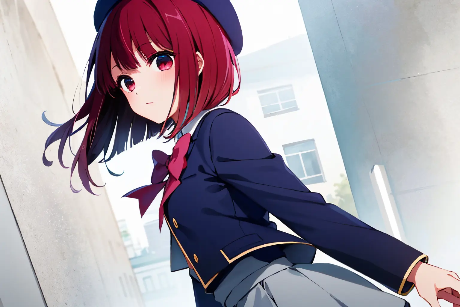 Anime girl with red hair and blue eyes in uniform holding a suitcase ...