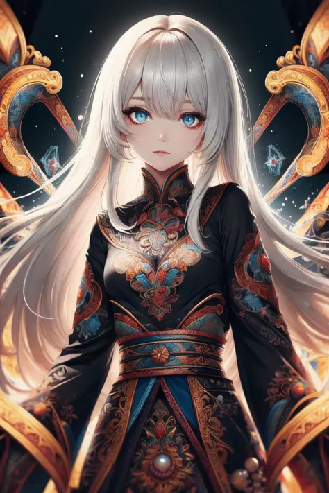 upper body, best quality, masterpiece, a Japanese woman with Luminescence white hair, detailed pearl blue eye, high detailed goddess soul, focus on character, solo, style swirl magic, solo, from front, front view, looking at viewer, detailed face, Luminescence Lighting Magic Circle theme, perched on a ledge, tight neon body, light streaks, dark abyssal wanderer abstract, Simple Luminescence Neon Gown, inscribed with mystical runes, indonesian atmosphere, blurry background  <lora:Indonesian_atmosphere:0.5>  <lora:1687178321990570596:0.8>