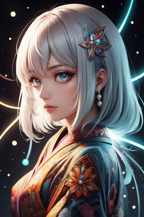 a woman with white hair and blue eyes wearing a kimono