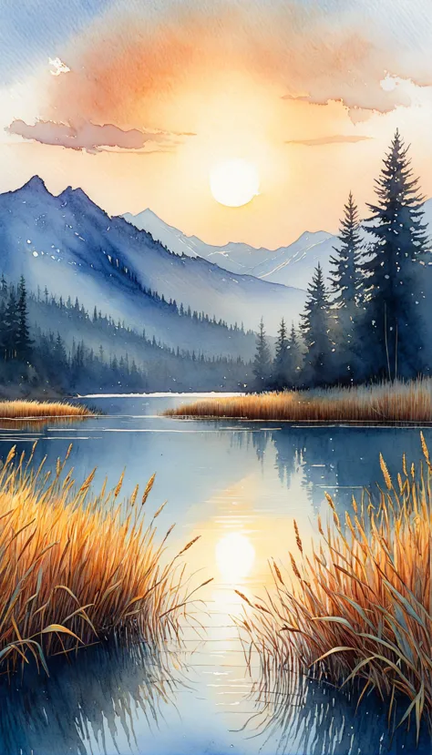 painting of a lake with a mountain in the background